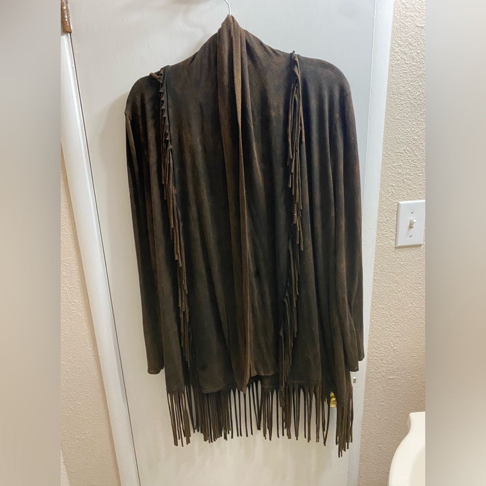 Tea Party rayon spandex fringed asymmetrical open front cardigan size large.